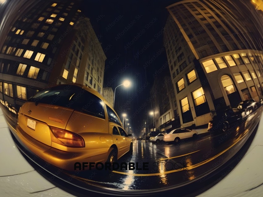 A yellow car in a city at night