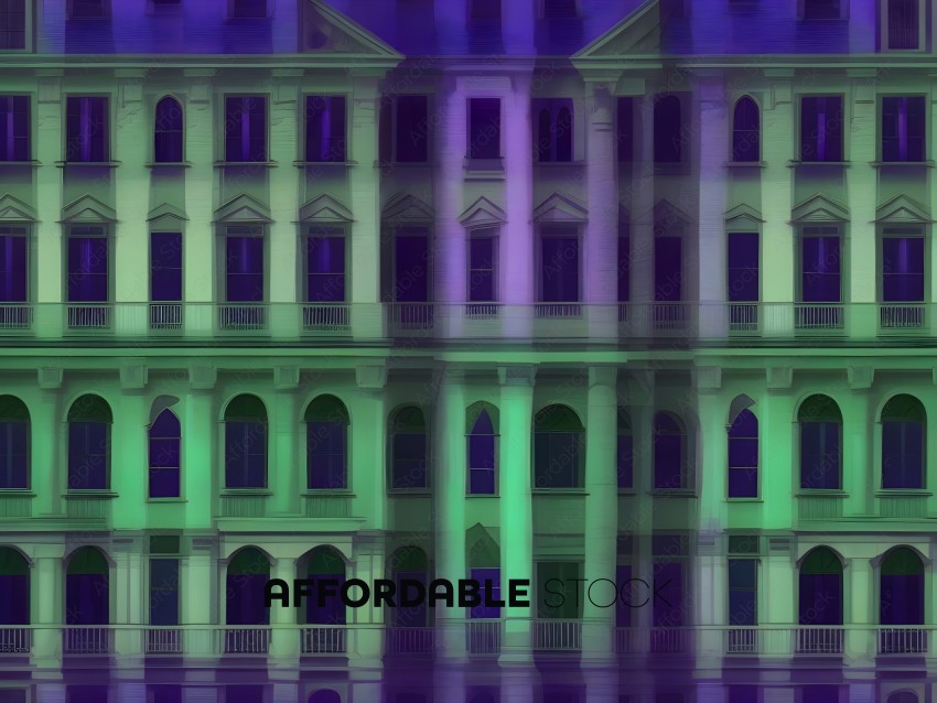 A building with a green and purple tint