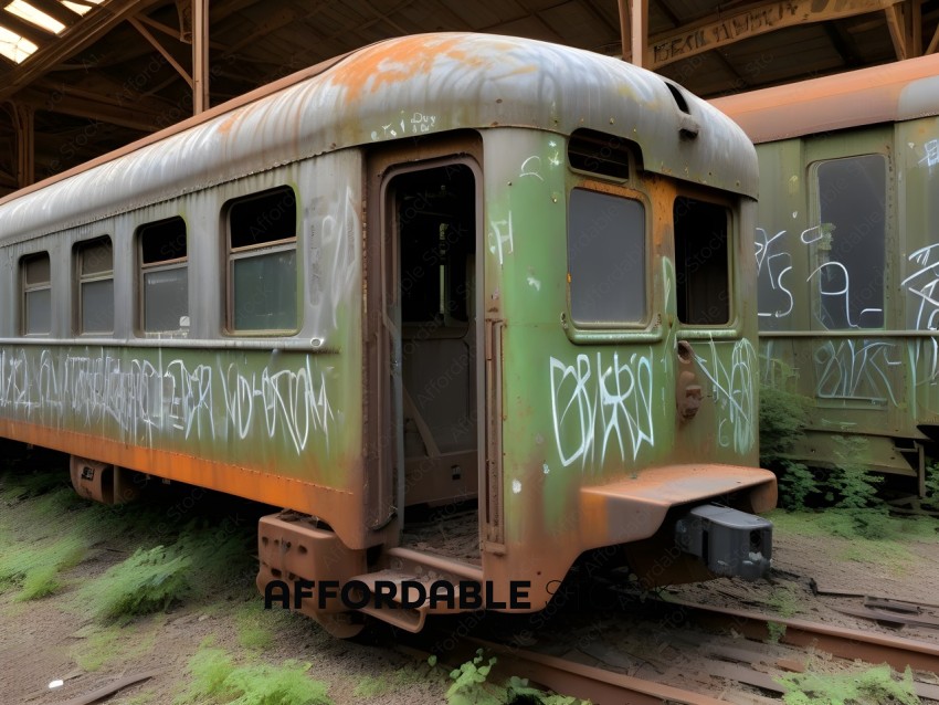 An old train car with graffiti on it