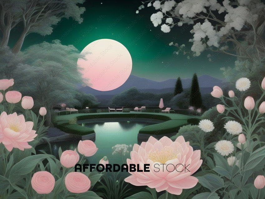 A painting of a garden at night with a pink moon