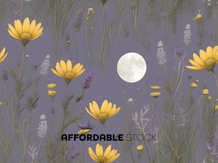 A painting of a field with yellow flowers and a full moon