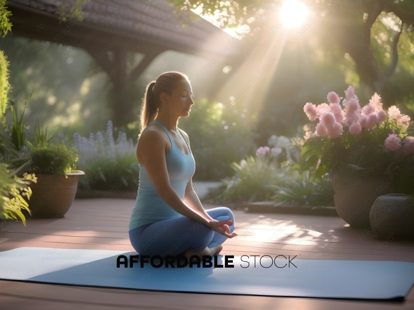 A woman in a blue tank top sitting on a yoga mat