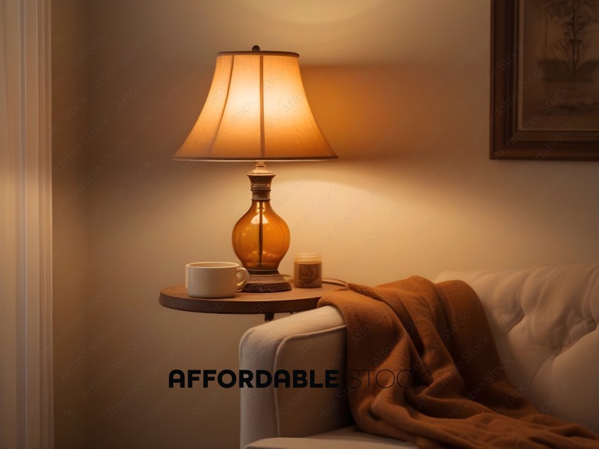A lamp with a brown shade and a white lamp shade on a table