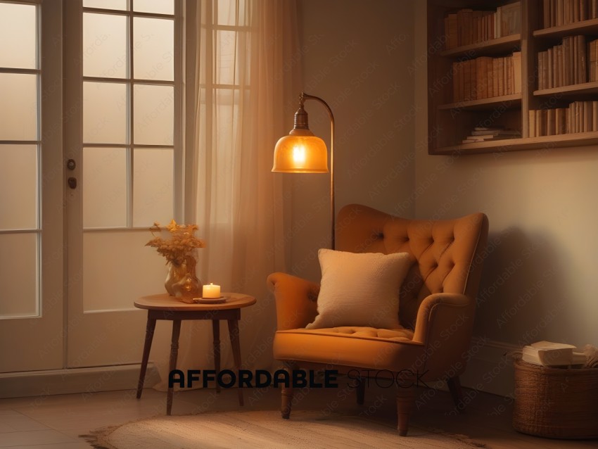 A well-lit, tan chair with a white pillow and a lamp