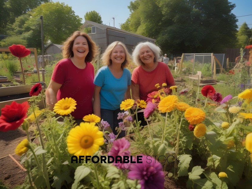Three women posing in a garden with flowers