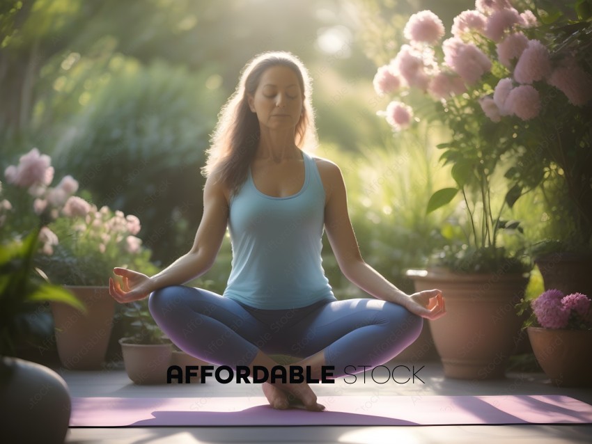 A woman in a blue tank top sitting in a yoga pose