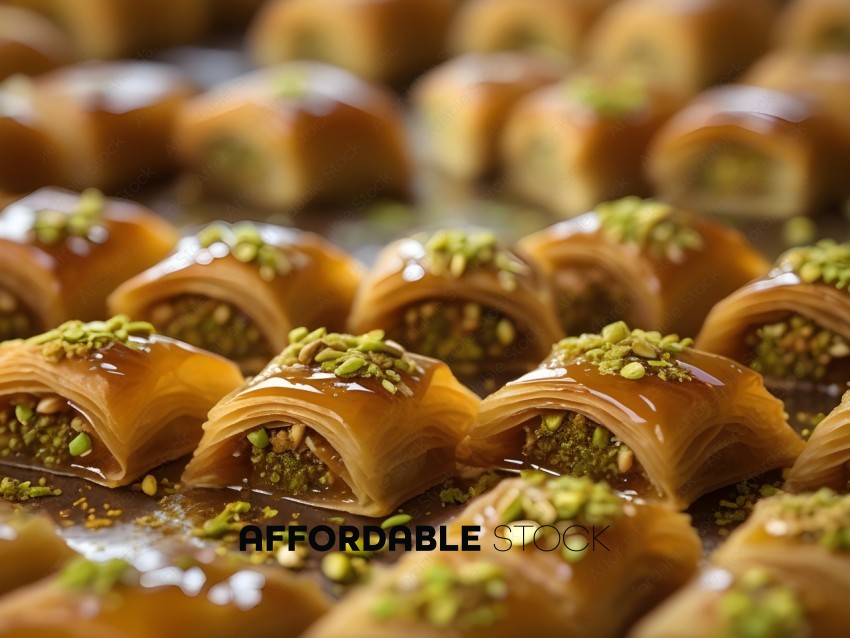 A variety of pastries with pistachio nuts on top