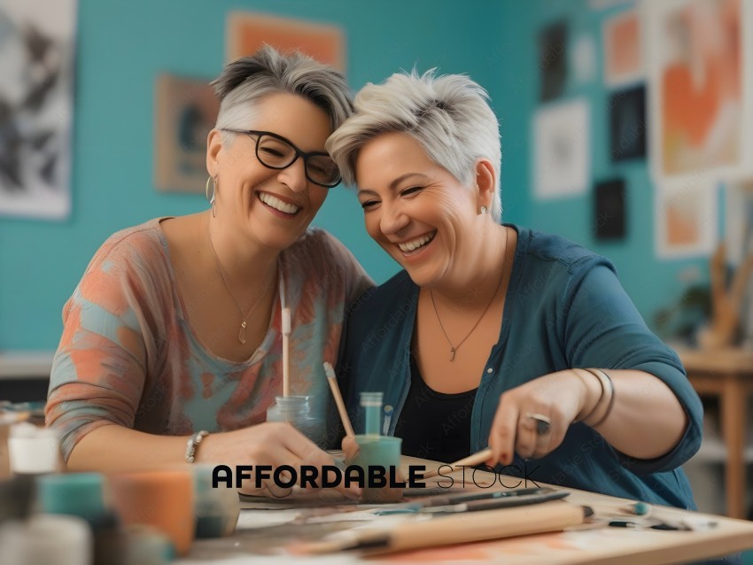 Two women with glasses painting pottery