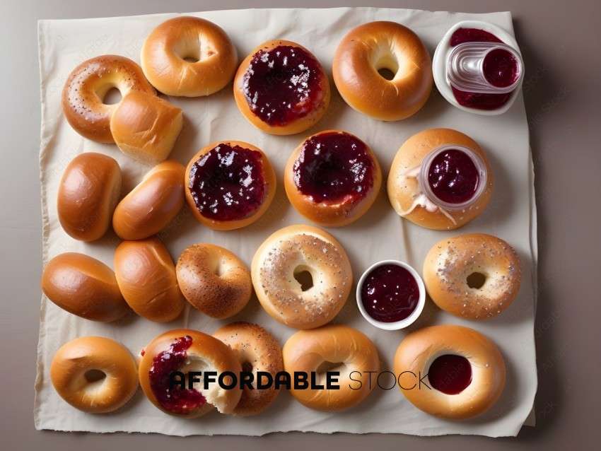 A variety of bagels with jelly and cream cheese