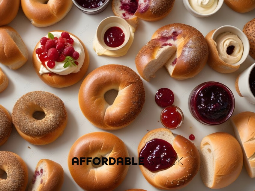 A variety of bagels with different toppings