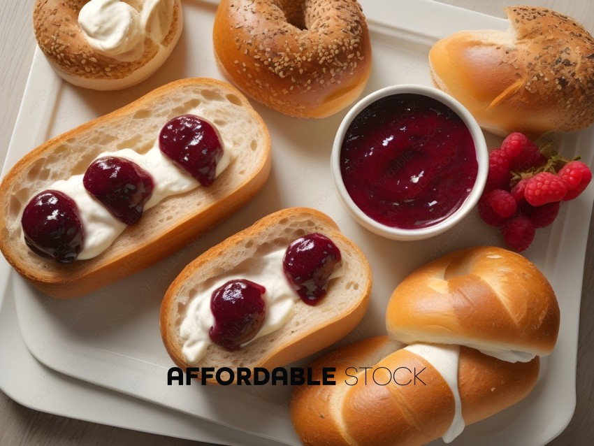 Plate of assorted pastries with berry sauce