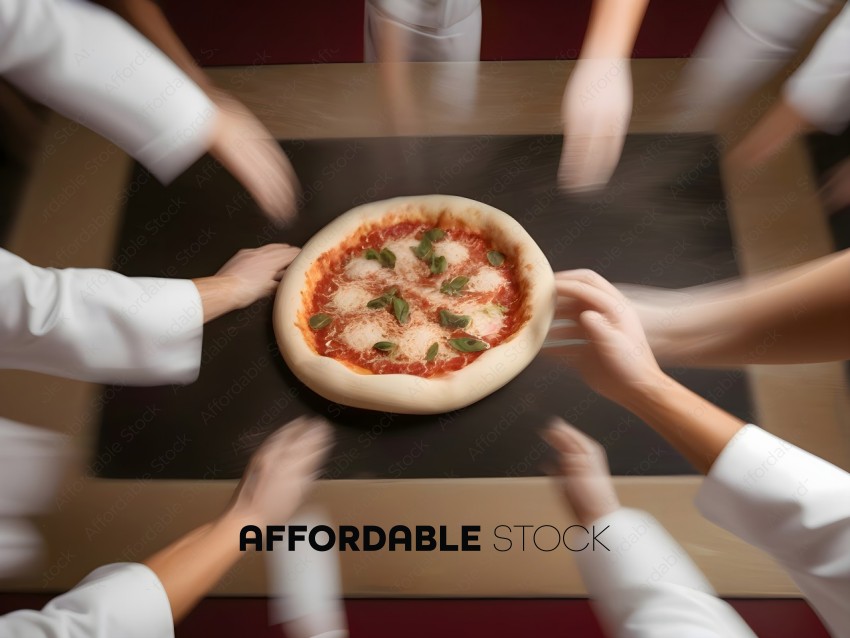 A group of people are reaching for a pizza