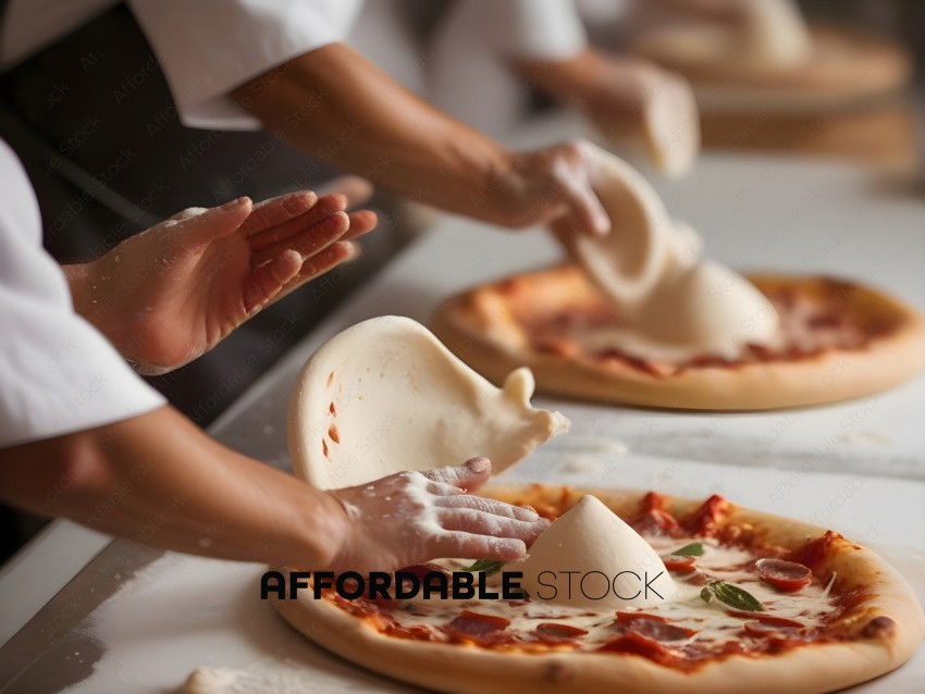 Two people making pizza with dough