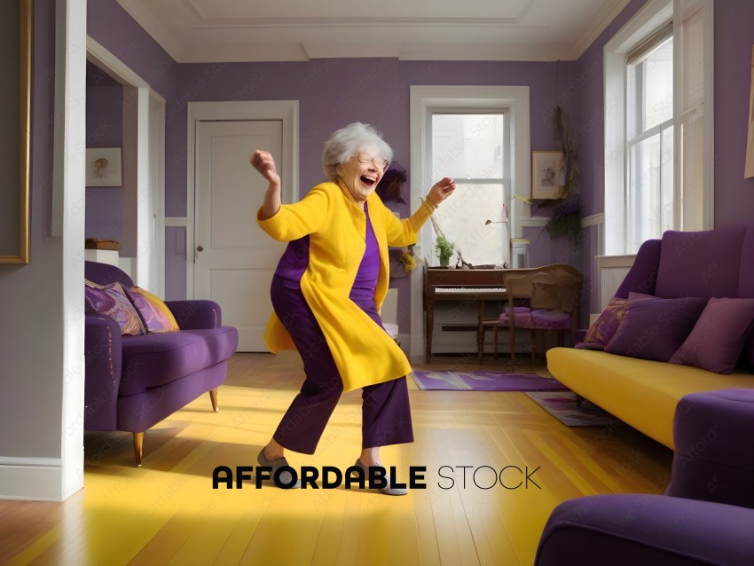 An elderly woman in a yellow jacket and purple pants dances in a living room
