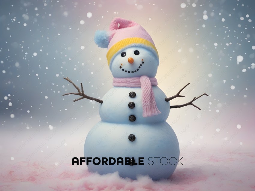 A snowman with a pink hat and scarf