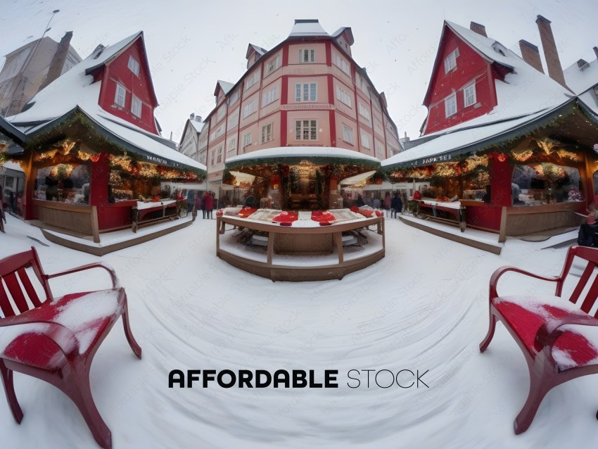 Snowy Scene of a Christmas Market with Red Buildings and Chairs