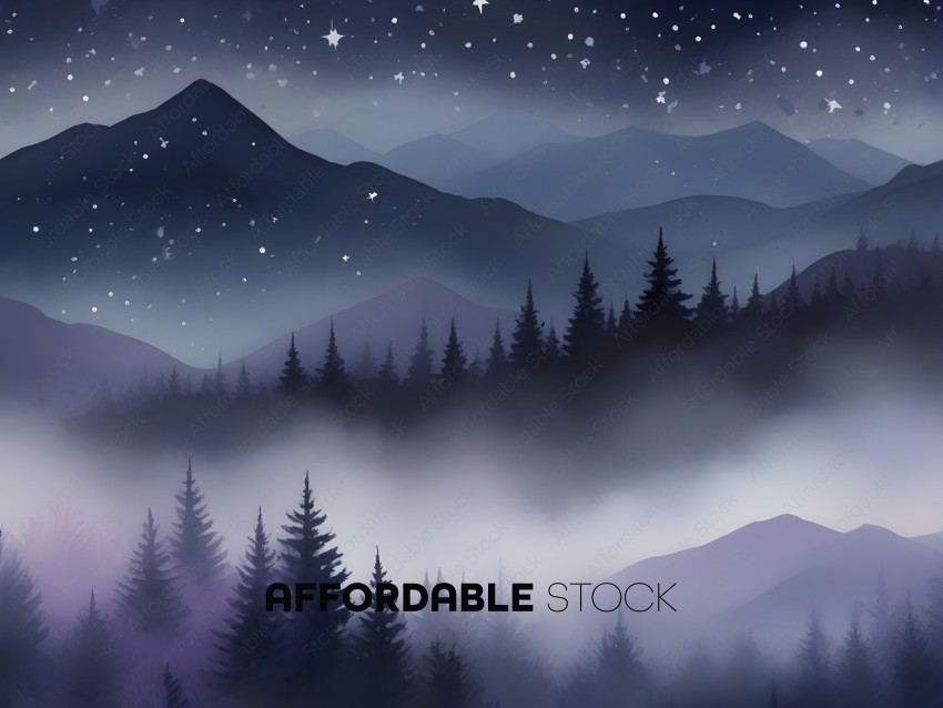 A painting of a mountain range with a foggy sky