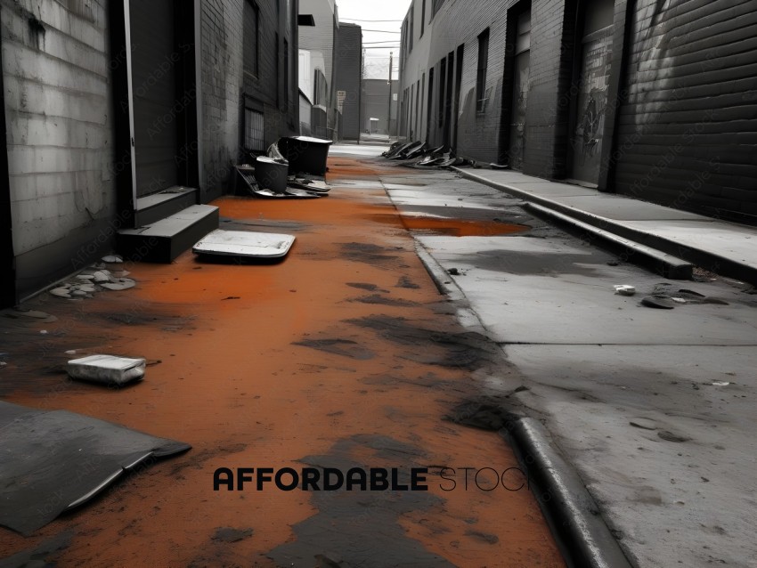 A dirty alleyway with orange stains on the ground