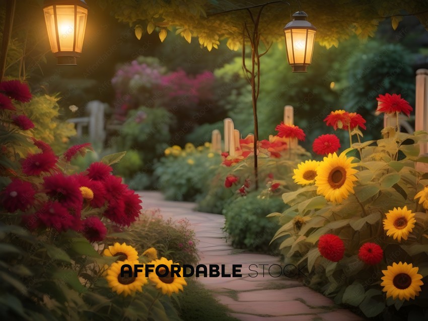 A pathway lined with flowers and lamps