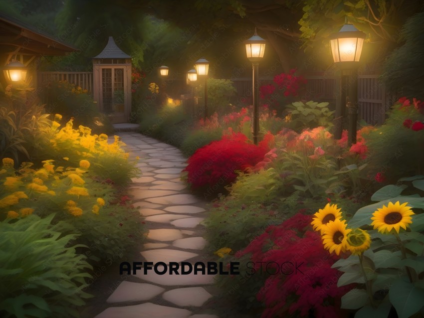 A pathway lined with flowers and lamps