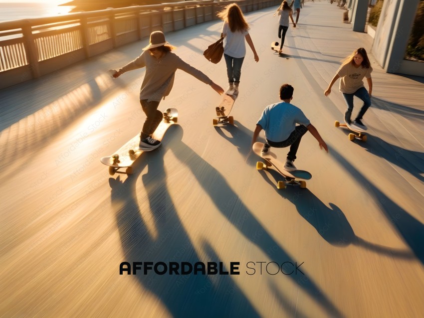 Skateboarders on a bridge at sunset