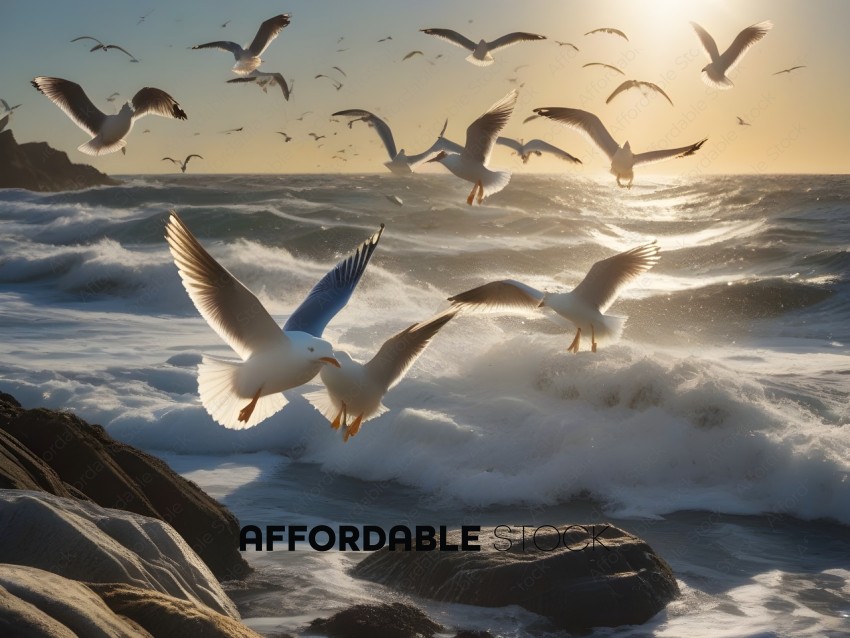 Seagulls flying over a rocky shoreline