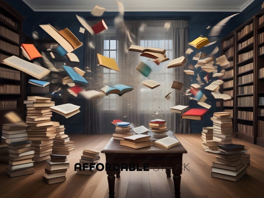 A Room with Books Flying Through the Air