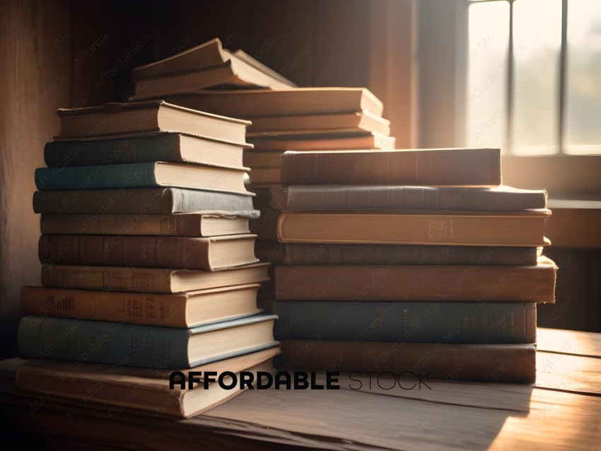 A stack of books on a wooden shelf