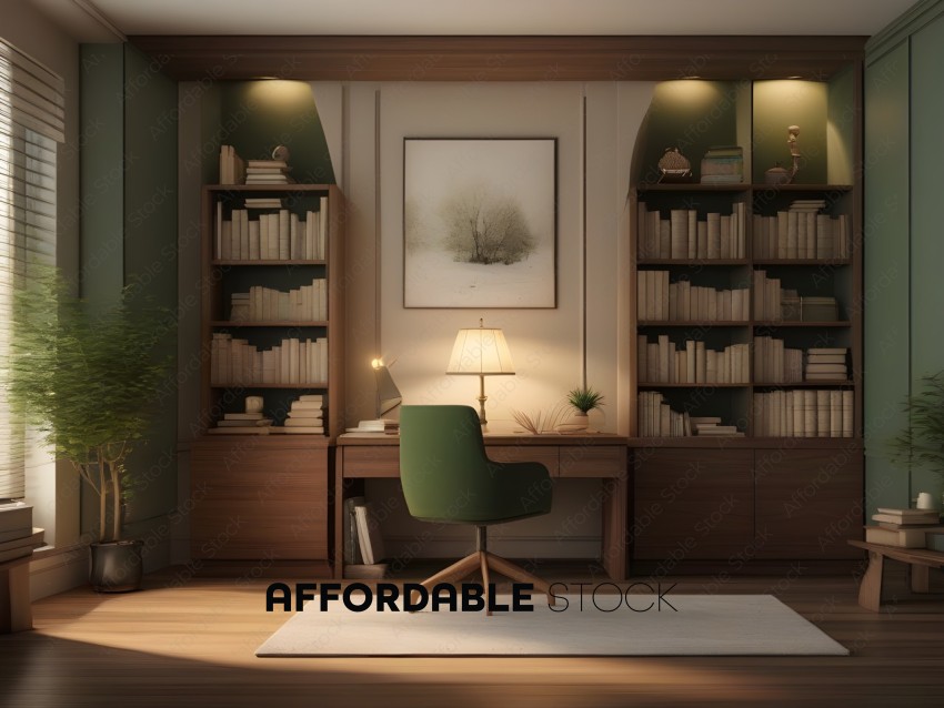 A green chair in front of a bookcase