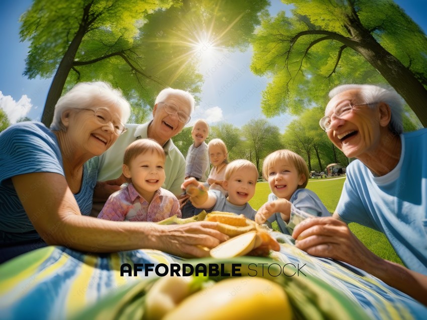 A family of seven people enjoying a picnic together
