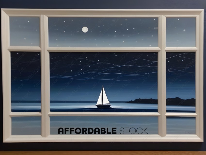 A painting of a sailboat at night with a full moon in the sky