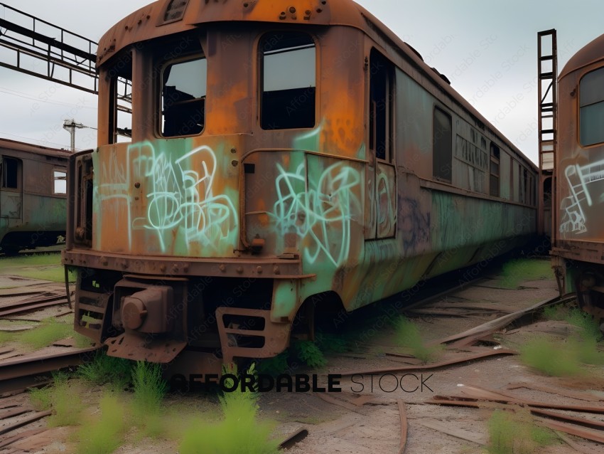 Graffiti covered train on tracks