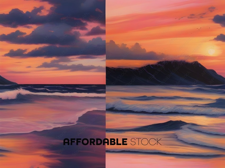 A beautiful painting of the ocean at sunset