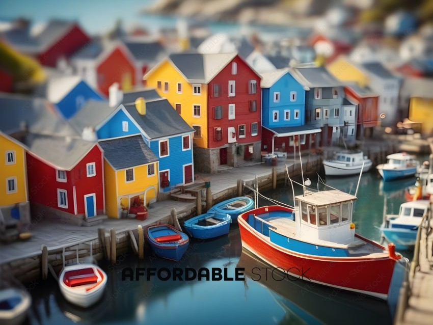 A colorful town with a red, yellow, and blue house docked in the water