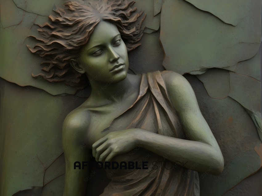 A statue of a woman with a greenish tint