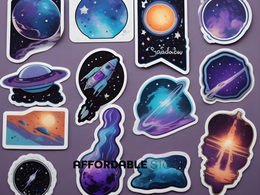 A collection of colorful and artistic stickers of planets, stars, and other celestial objects