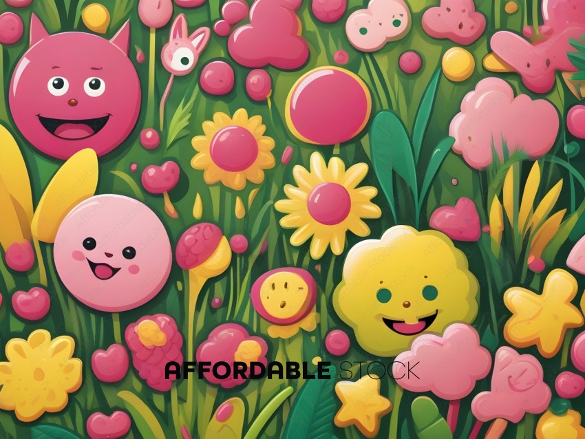 Pink and Green Cartoon Flower Garden with Pink and Green Flower Characters