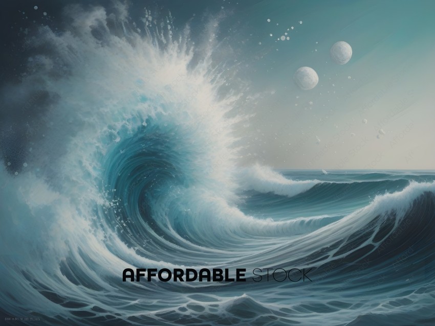 A painting of a large wave with two planets in the background
