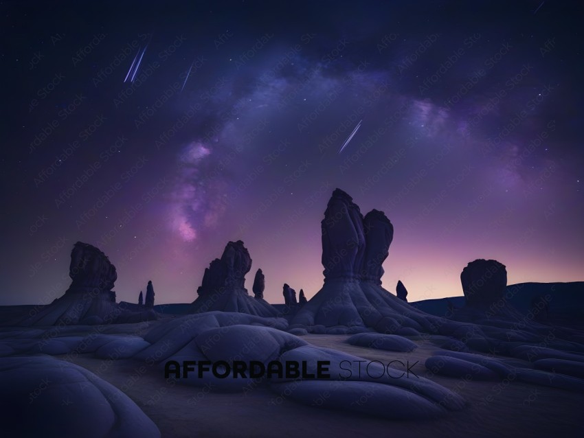 A nighttime landscape with a sky full of stars and a shooting star