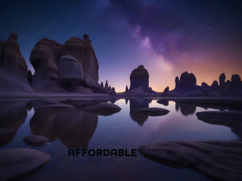 A beautiful night scene of a rock formation with a starry sky