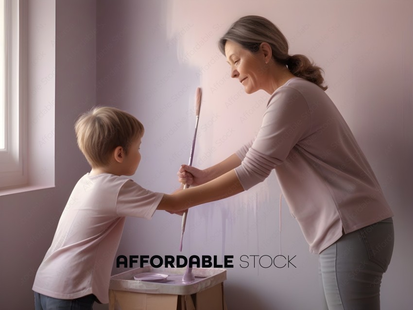 A woman and a young boy are painting a wall