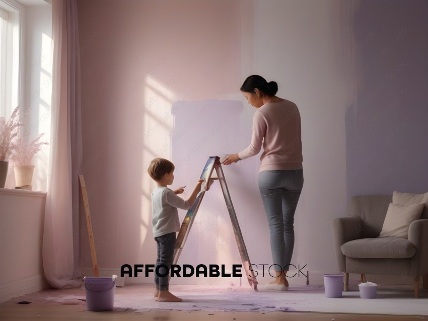 A woman and a child painting a wall