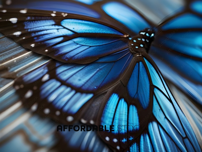 A close up of a blue butterfly with a brown wing
