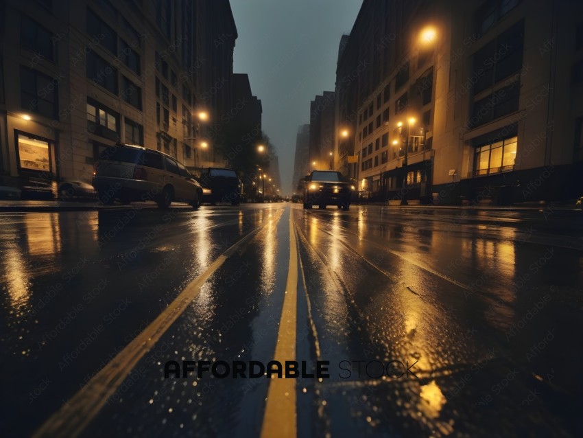 A Rainy City Street at Night