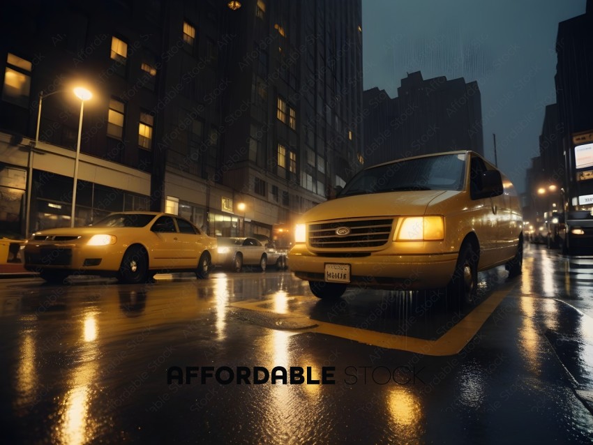 A yellow van is driving down a wet street