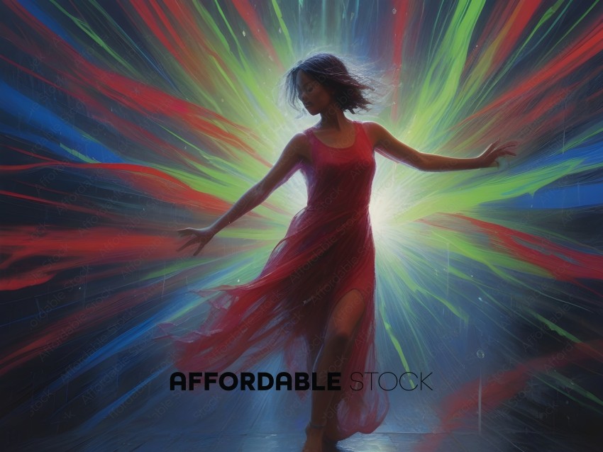 A woman in a red dress dances in front of a colorful light show