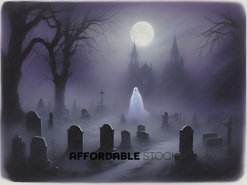 A ghostly figure walks through a graveyard at night