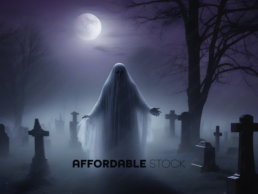 A ghostly figure stands in a graveyard at night