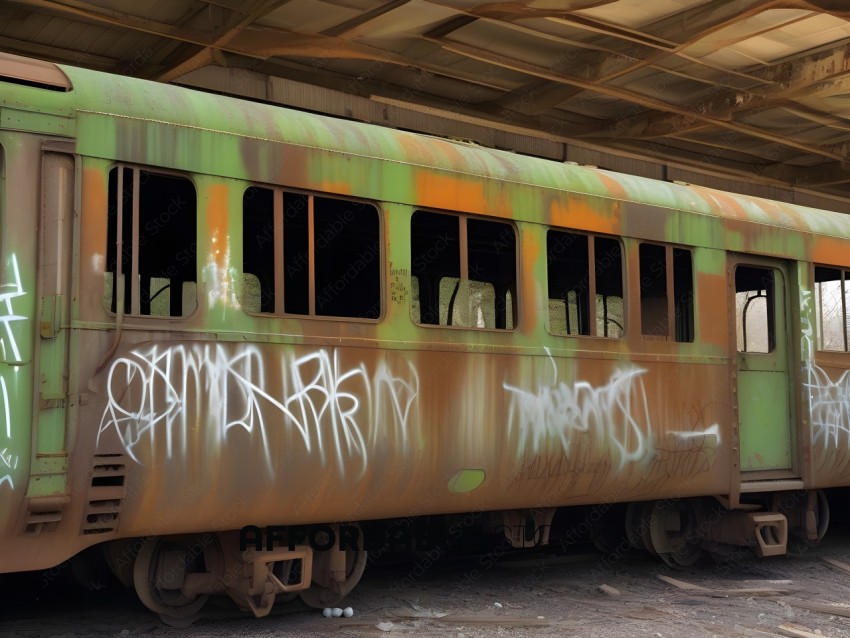 Graffiti covered train car in a train yard