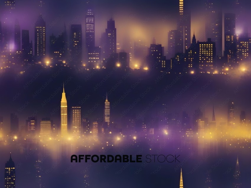 A cityscape at night with a purple hue